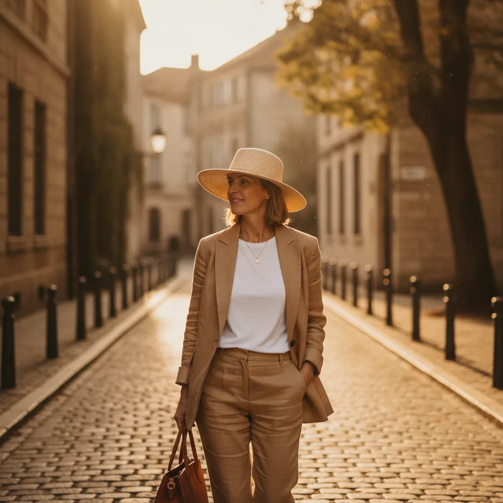 Wide-brimmed hat with a linen blazer