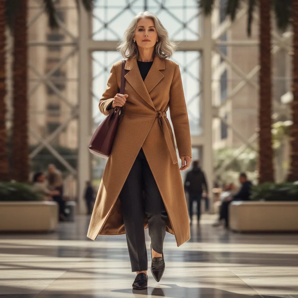 Camel wrap coat on a woman mid-stride