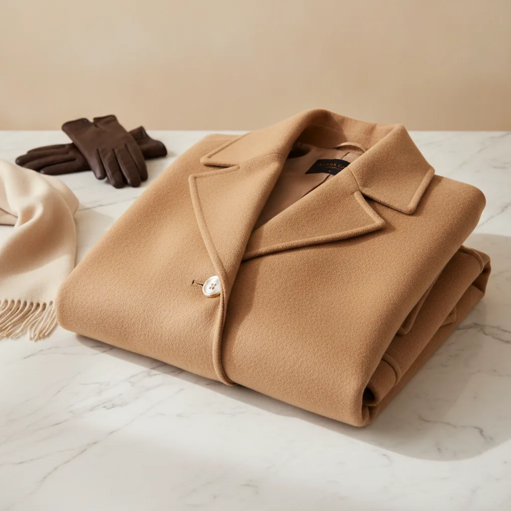 Elegant camel coat laid flat