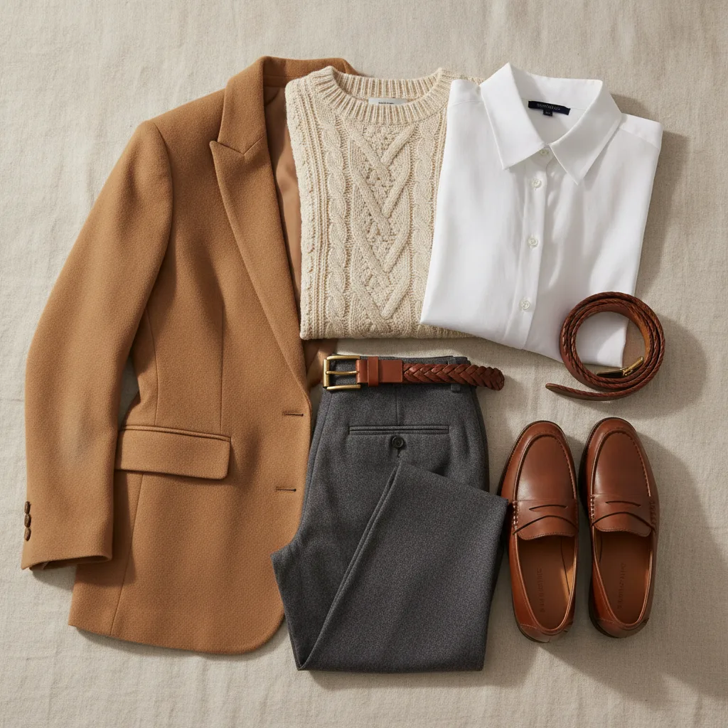 Capsule wardrobe flatlay in camel and ivory tones